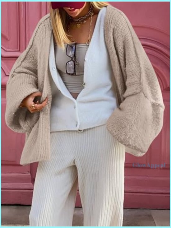 Oversized Chunky Cardigan with Lantern Sleeves, V-Neck, Extra Long Length - Picture 3 of 6